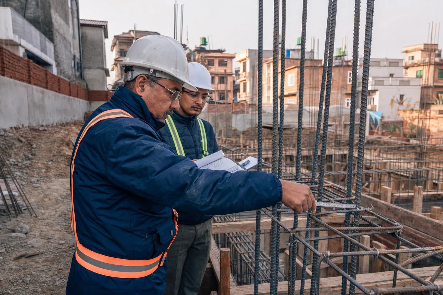 Civil engineers inspecting reinforcement on a residential construction site