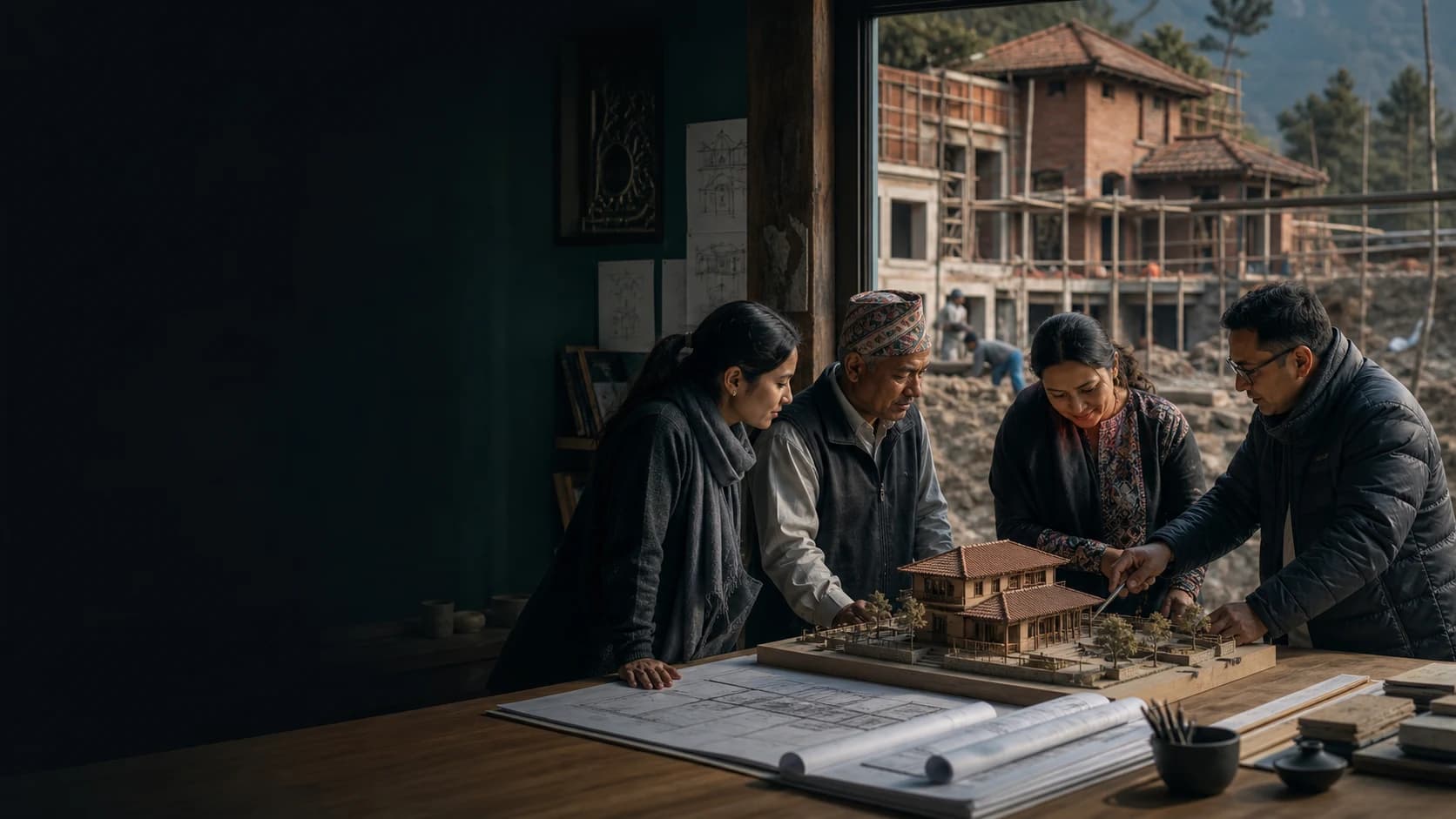 Architects, engineers, and homeowners reviewing a house model and construction plan