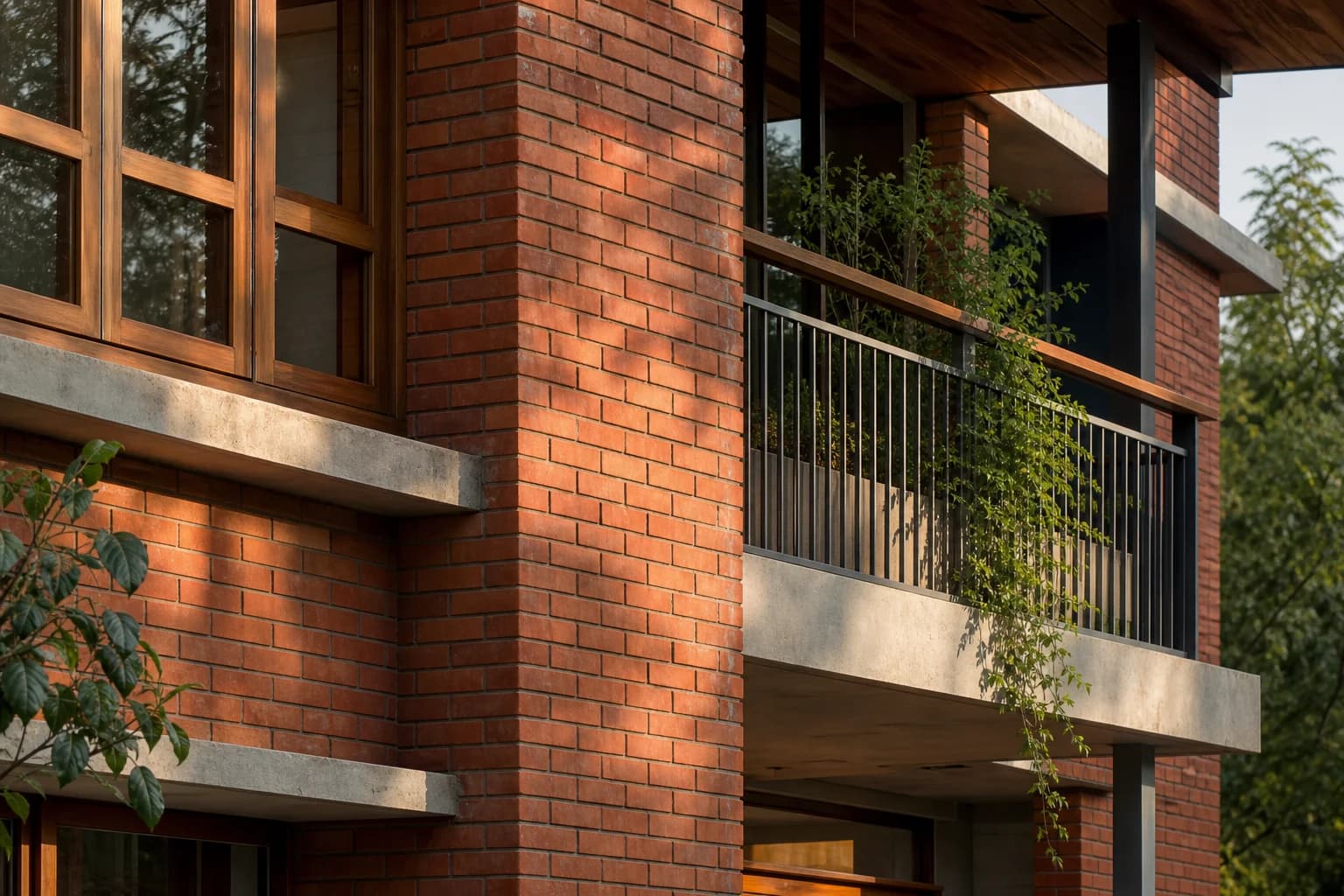 Brick, timber, and concrete craftsmanship on a completed residence